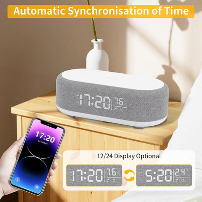 4In1 Alarm Clock with Wireless Charging Wireless Speaker Night Light & Temperature Display – Customized Sleep-Wake Routine Alarm Clock for Heavy Sleepers (Gray)