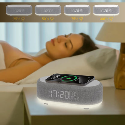 4In1 Alarm Clock with Wireless Charging Wireless Speaker Night Light & Temperature Display – Customized Sleep-Wake Routine Alarm Clock for Heavy Sleepers (Gray)