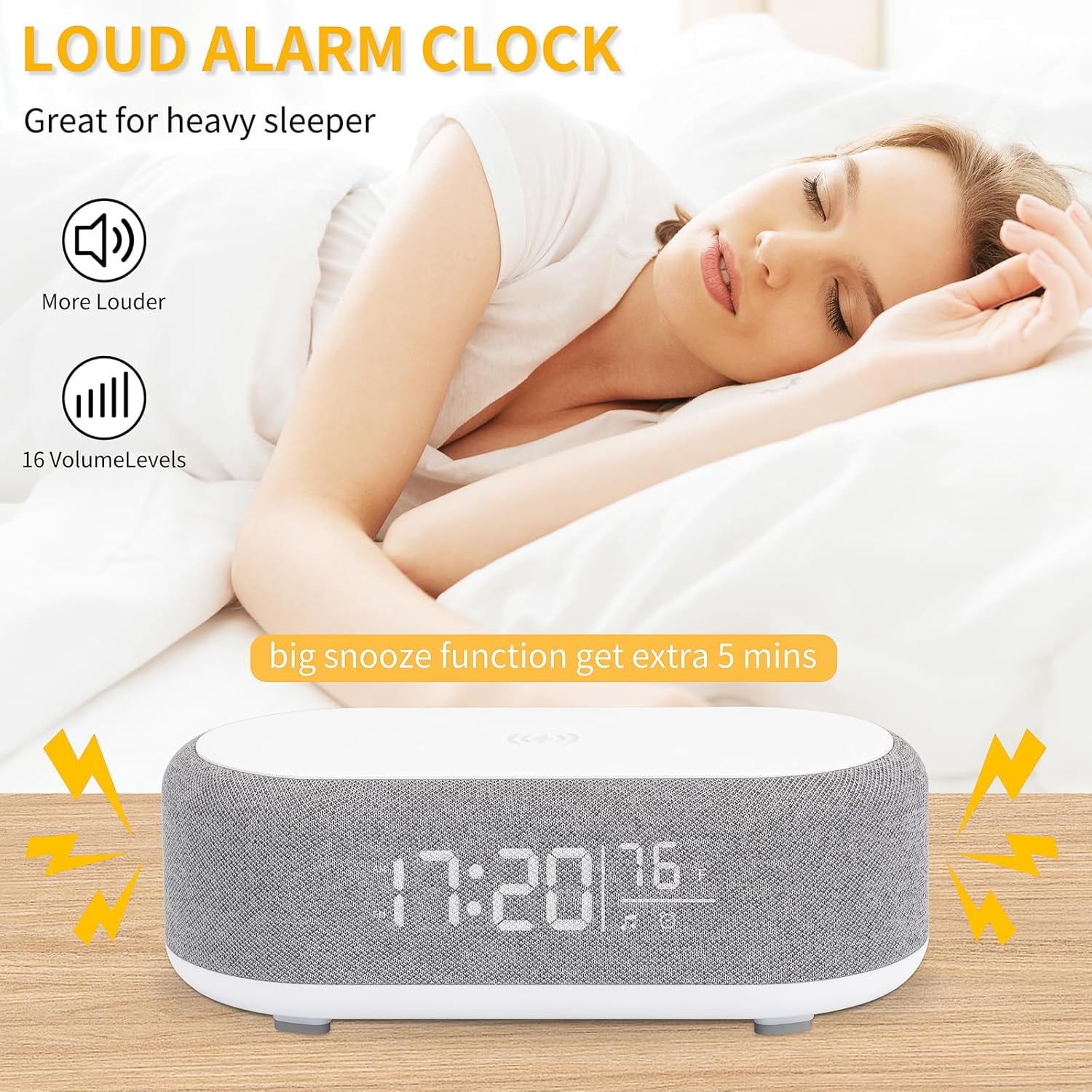 4In1 Alarm Clock with Wireless Charging Wireless Speaker Night Light & Temperature Display – Customized Sleep-Wake Routine Alarm Clock for Heavy Sleepers (Gray)