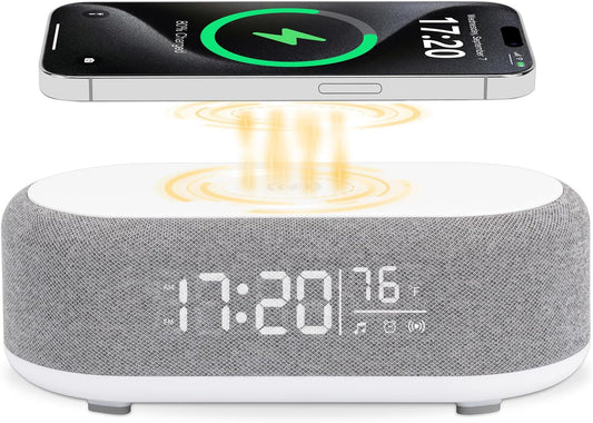 4In1 Alarm Clock with Wireless Charging Wireless Speaker Night Light & Temperature Display – Customized Sleep-Wake Routine Alarm Clock for Heavy Sleepers (Gray)