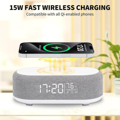 4In1 Alarm Clock with Wireless Charging Wireless Speaker Night Light & Temperature Display – Customized Sleep-Wake Routine Alarm Clock for Heavy Sleepers (Gray)